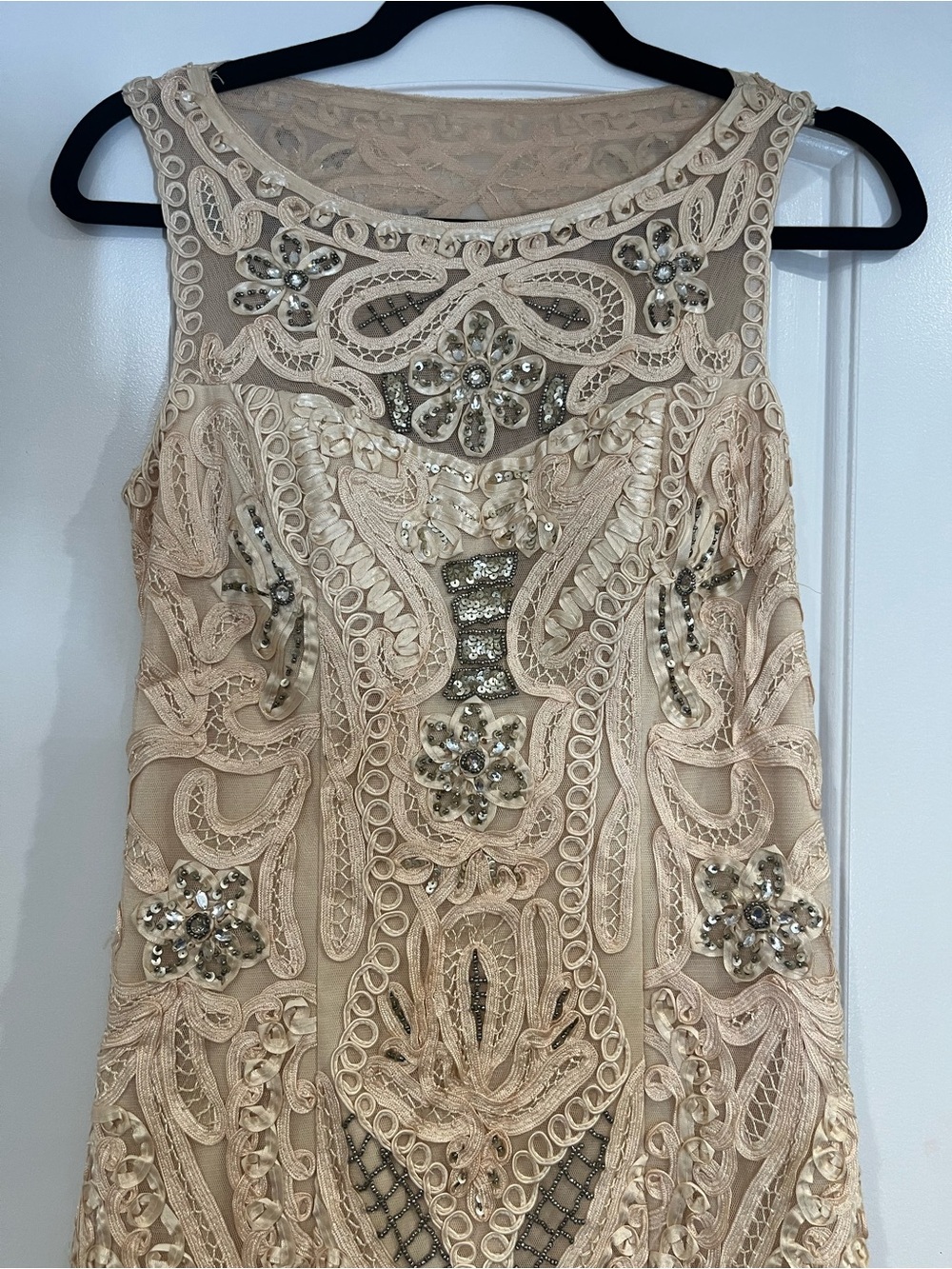 Sue Wong Nocturne Gown Women 6 Taupe Sleeveless Beaded Lace Dress Ruffles EUC